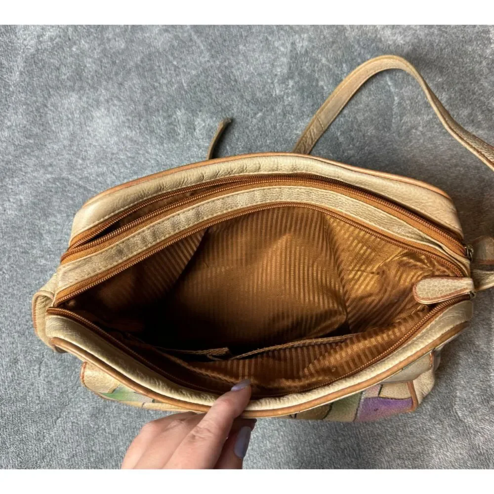 Magnifique Abstract Hand Painted Leather Crossbody Bag Beige Vintage Purse